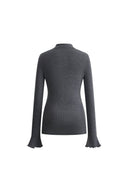 Katia Beige Wavy Cuff Fitted Collared Cardigan in Stretchy Merino Wool Cable Knit