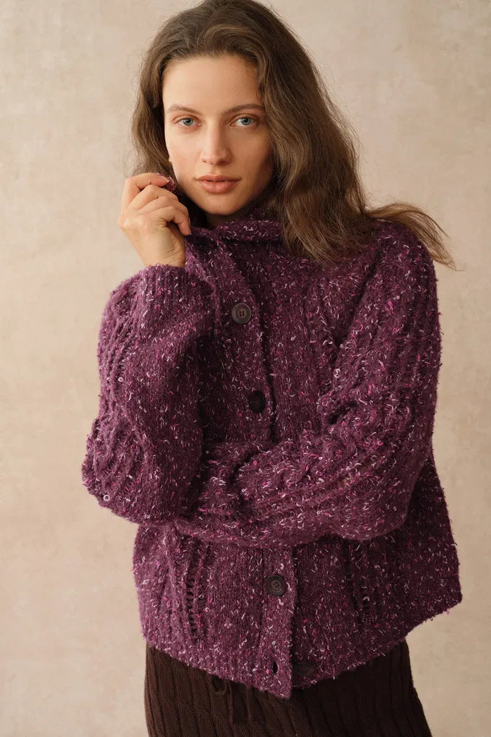 Rosalina Convertible Shawl Collar Cardigan in Merino Wool Cable Knit