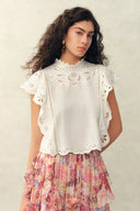 Lilou French Cutwork Embroidery Ruffle-Sleeve Top in Cotton & Linen