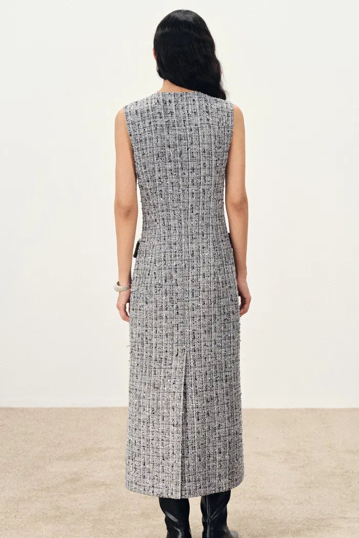 Cherbourg Sleeveless Tweed Midi Dress in French Bouclé with Metallic Threads