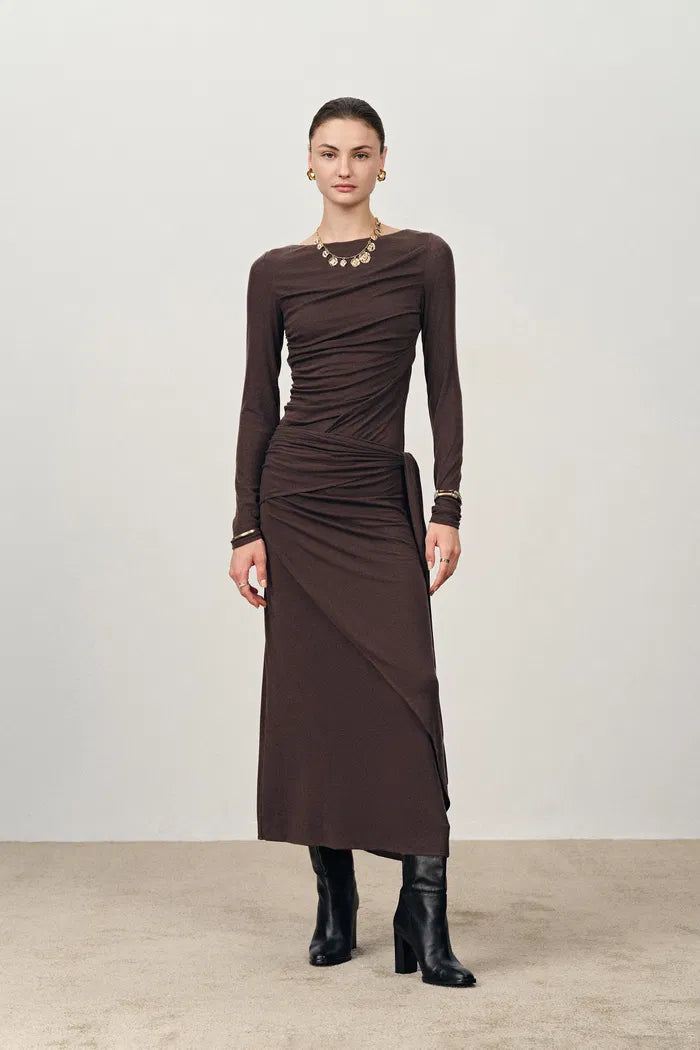 Viet Runched Pleated Long Sleeve Maxi Dress in Tencel Merino Knit