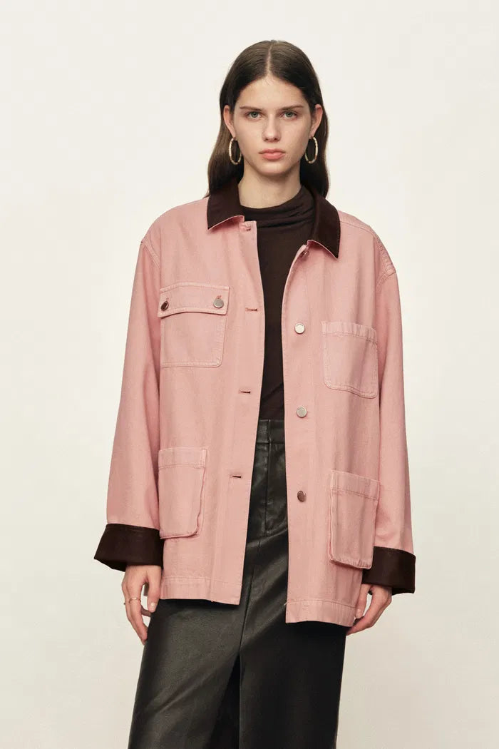 Telmo Dusty Pink Leather Collar Patch Pocket Jacket in Cotton Denim