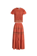 Kalia Lace Embroidery Pleated Cap Sleeve Top and Maxi Slit Skirt Set in Cotton Jacquard