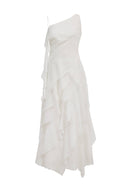 Cascade Ruffled Tie-Front One Shoulder Dress in Mulberry Silk