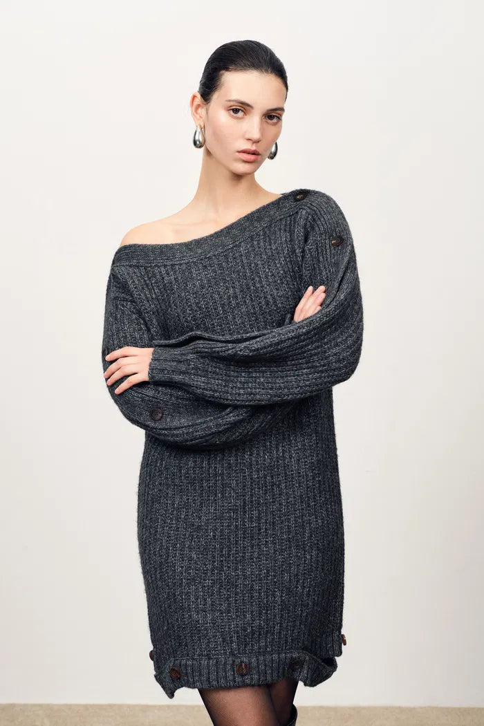 wool off shoulder dress Off-Shoulder Wool Blend Maxi Dress With Draped Back and Side Slit Deta Sarah Luton England