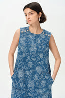 Iris Flora Laserarbeit Rundhals-Kurzes Kleid aus Baumwoll-Denim