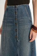 Mariette Asymmetrical Placket Maxi Skirt in Cotton Denim