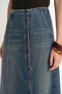 Falda Larga Mariette con Tapeta Asimétrica en Denim de Algodón