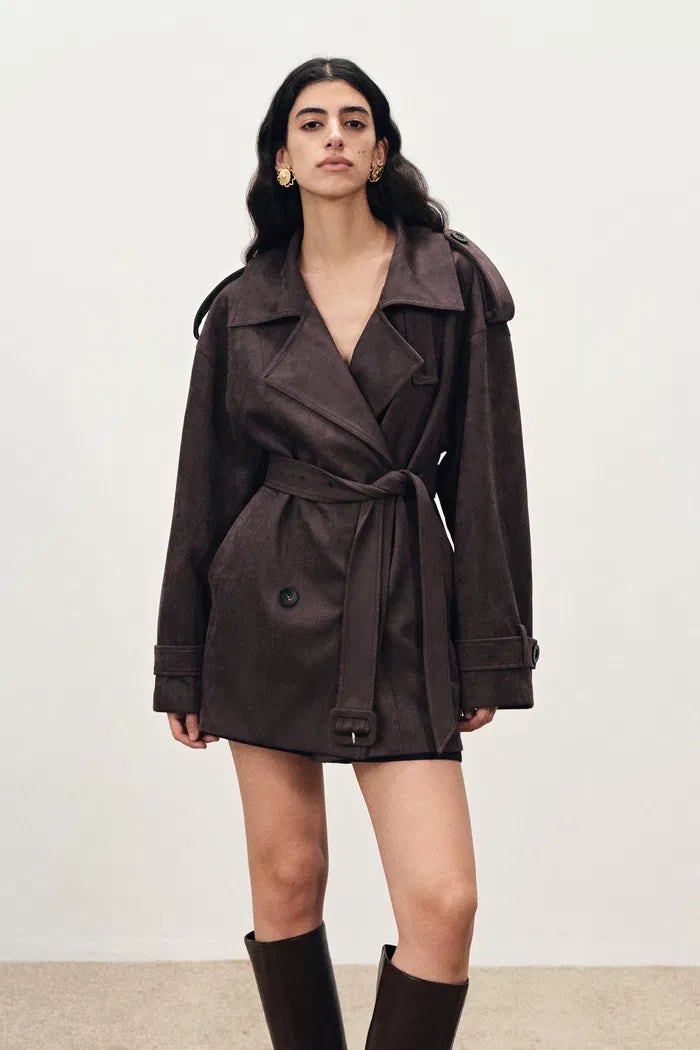 Nellie Large Lapel Short Trench Coat in Faux Suede