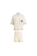 Conjunto de cárdigan con botones y shorts Oriel Palm con bordado artesanal en mezcla de lino tejido