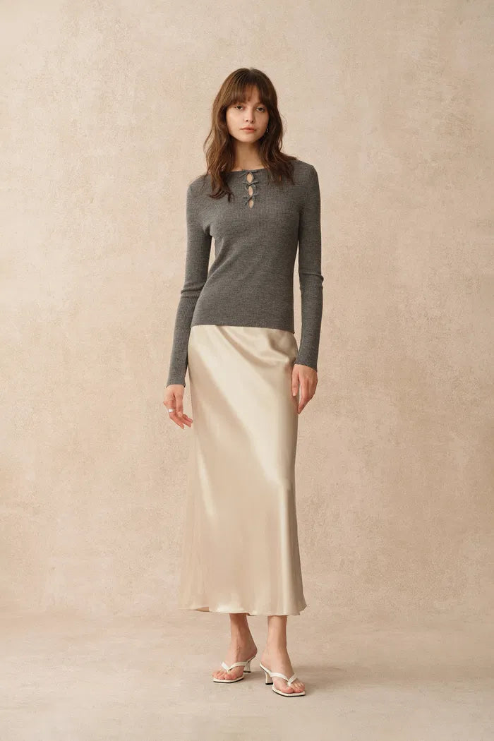 Eden Grey Bow Tie Cutwork Wool Long Sleeve Top in Merino Wool Knit