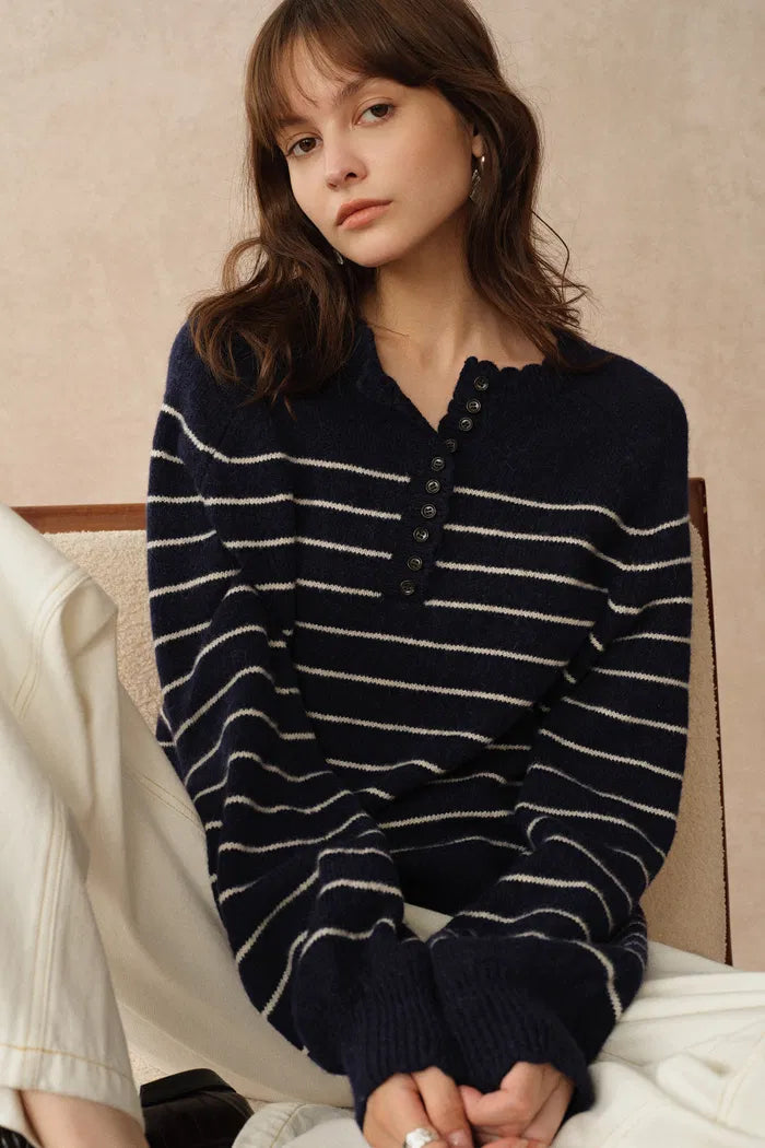Rhea Scalloped Henley Striped Sweater in Wool-Alpaca Knit
