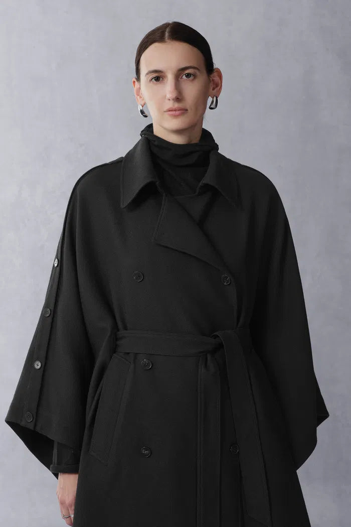 Aggripine Cape Style Trench Coat in Lightweight Merino Twill