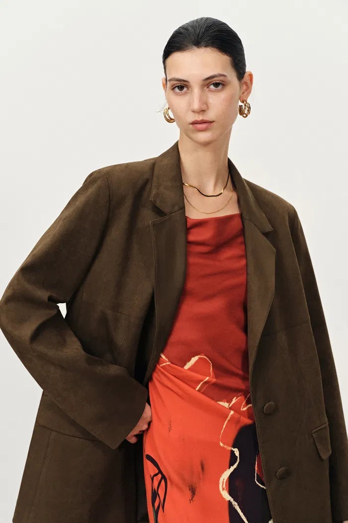 Ashling Flat Lapel Suit Blazer in Faux Suede