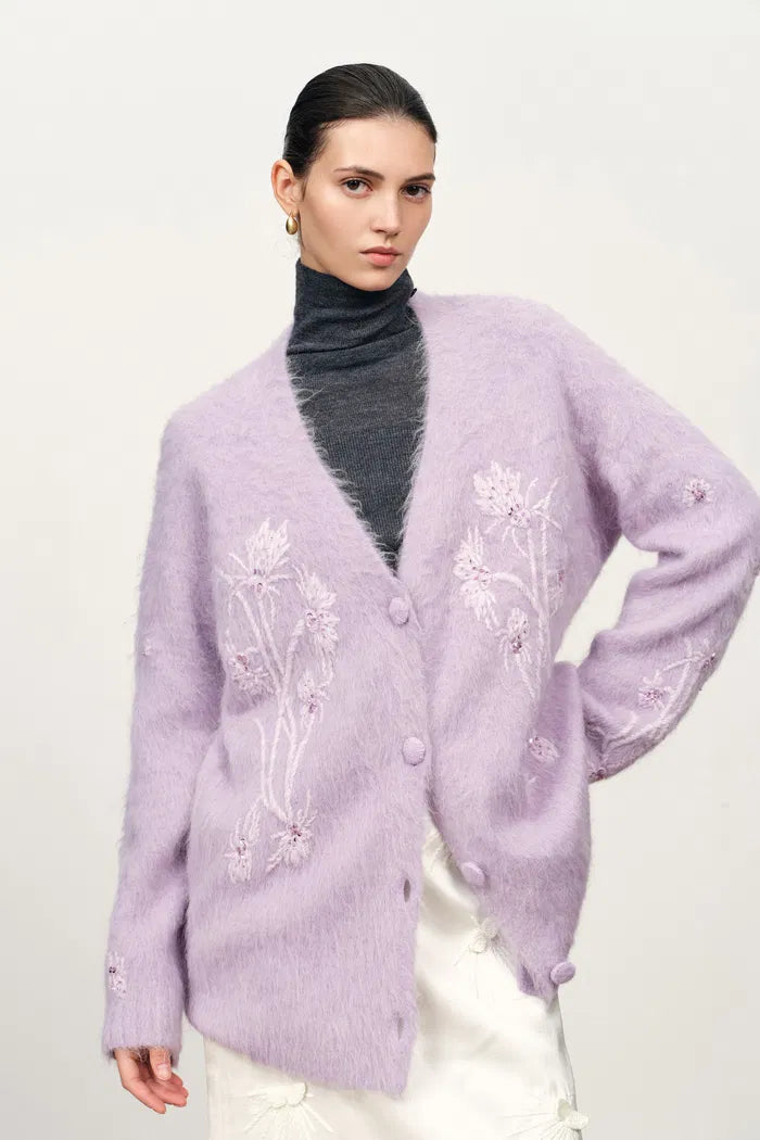 Violet Hand Work Cereus Flora Cardigan in Alpaca Blend Knit