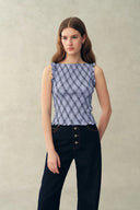 Crystal Handworked Sleeveless Plaid Top in Stretch Bubble Cotton