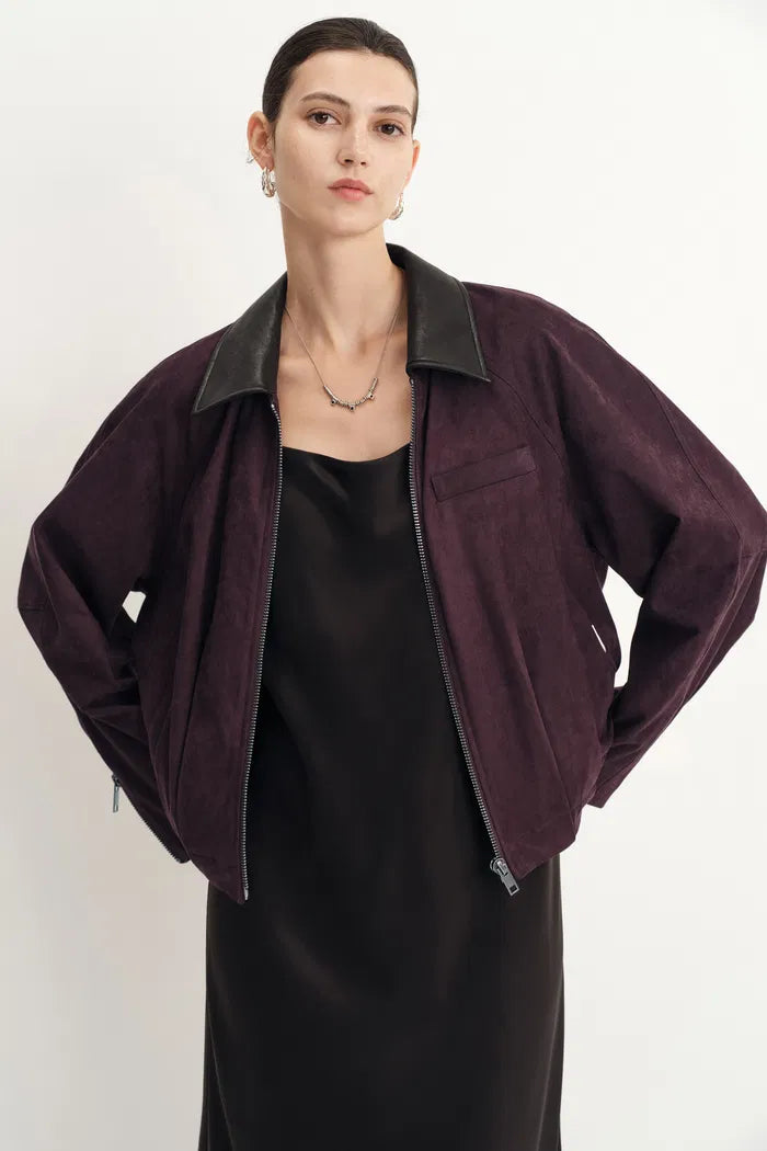 Bass Burgundy Bomber Jacket in Two Tone Faux Suede