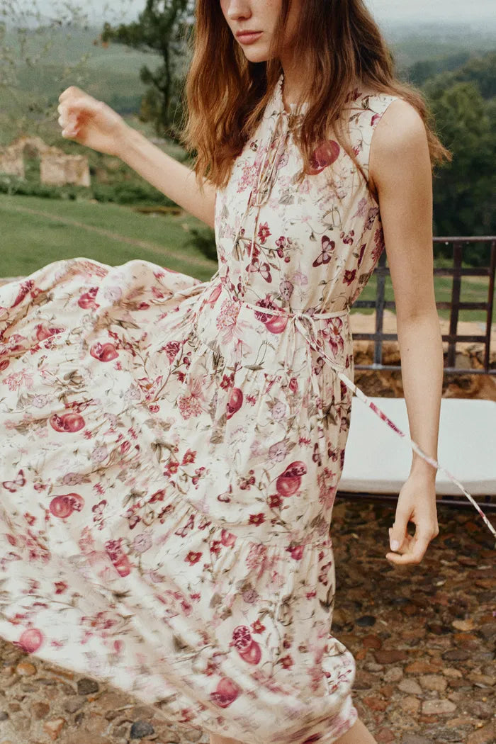 Liana Printed Pomegranate Floral Tiered Dress in Linen Blend  fbrq.com