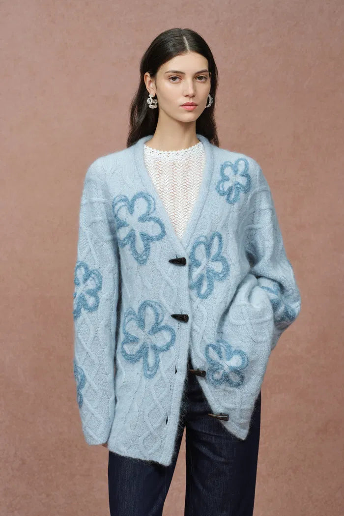 Posie Floral Cardigan in Merino Mohair Cable Knit