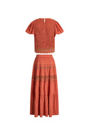 Kalia Lace Embroidery Pleated Cap Sleeve Top and Maxi Slit Skirt Set in Cotton Jacquard