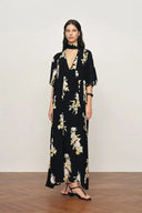 Aria Floral Tie Neck Elbow Sleeve Dress in Light Crinkle Gauze