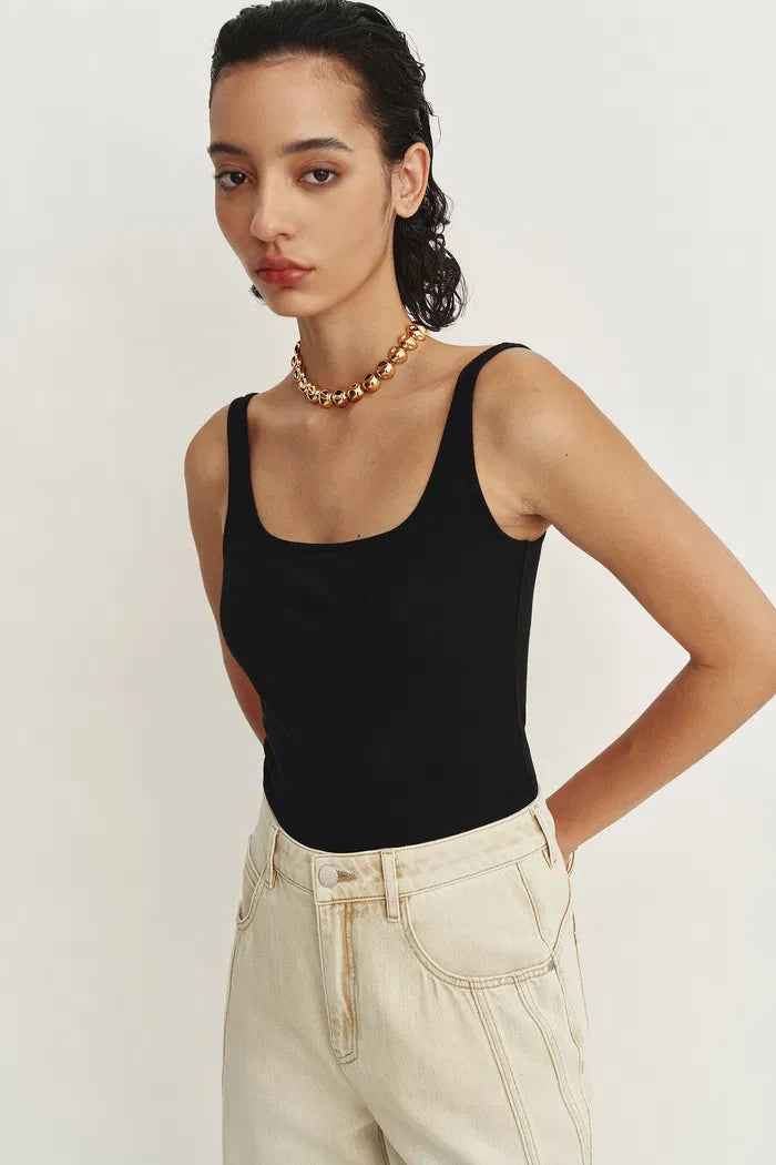 Liz Square Neck Body Con Sleeveless Tank Top in High-Stretch Ribbed Knit