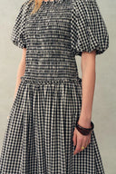 Vivinea Gingham Smocked Puff-Sleeve Dress in Cotton