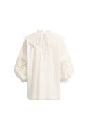 Iris V-Seam Embroidery Puffy Sleeve Blouse in Cotton Jacquard
