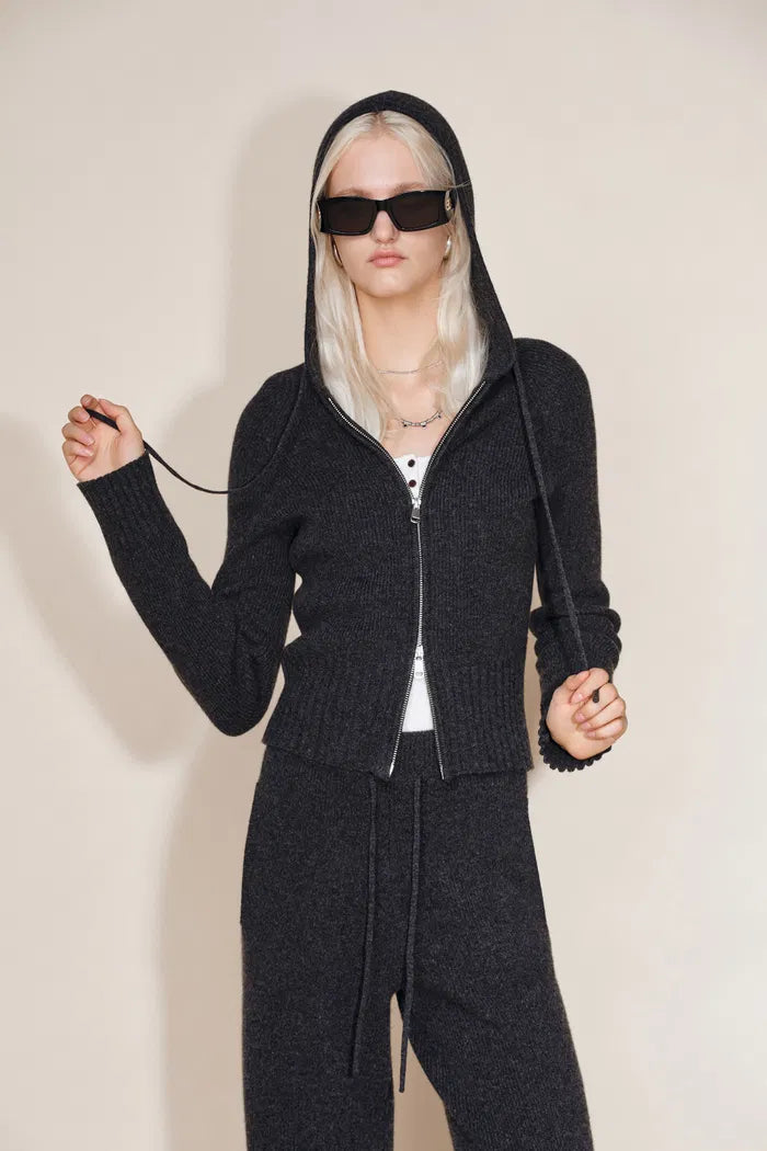 Vivi Hooded Fitted Cardigan and Pants Matching Sets in Merino Wool Knit