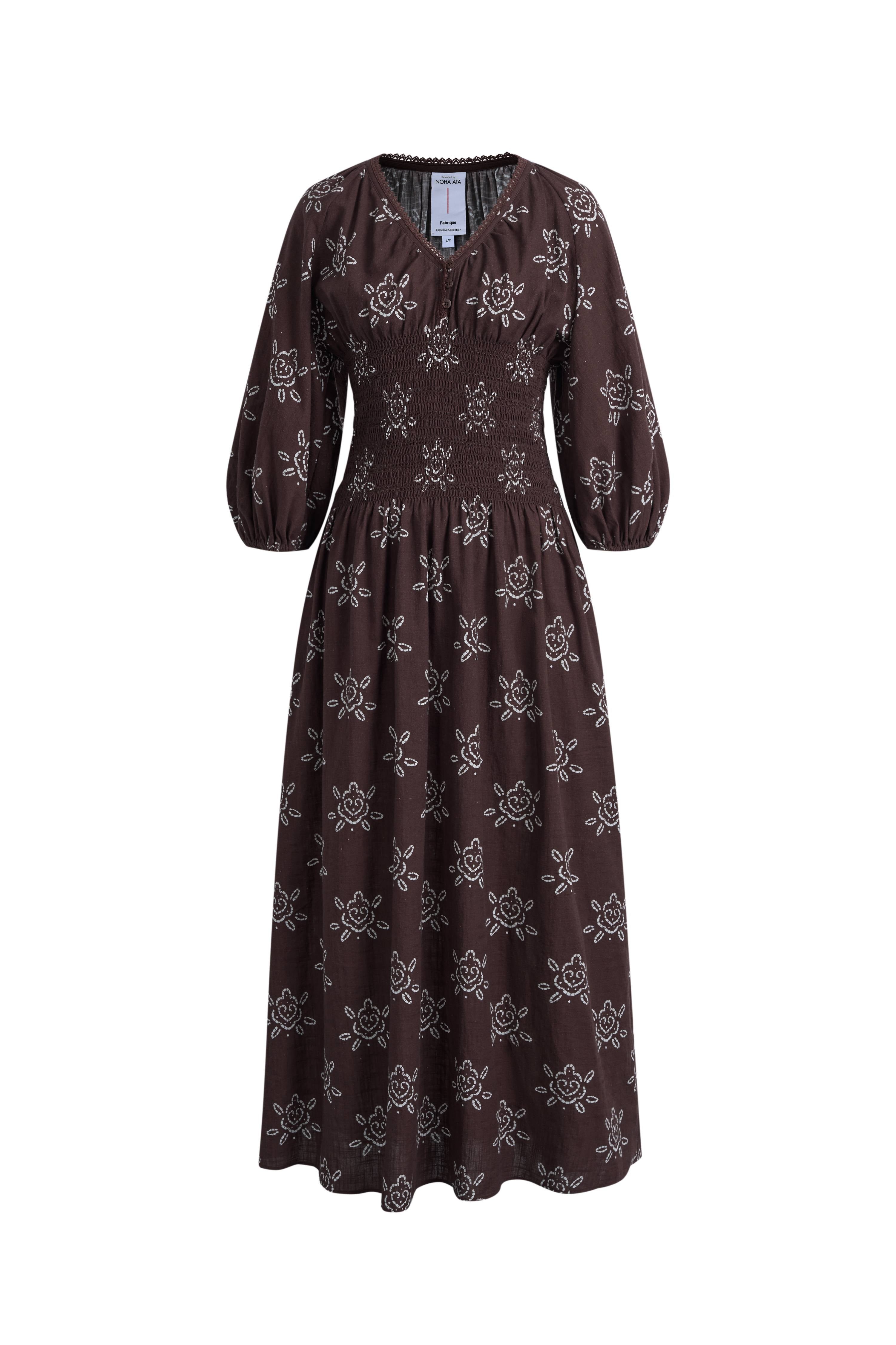 smocked puff sleeve dress Cleo Smocked Handpainted Floral Puff Sleeve Midi Dress in Cotton L