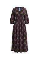 Cleo Smocked Handpainted Floral Puff Sleeve Midi Dress in Cotton