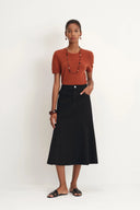 Nyssa Flared Midi Skirt in Stretchy Denim