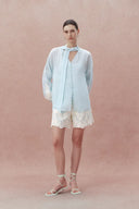 Paz Blue Embroidered Top and Short Matching Set in Silk-Linen Blend