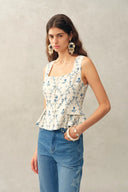 Elara Pleated Floral Square Neck Pearl Button Sleeveless Top and Skirt Set in Linen Blend