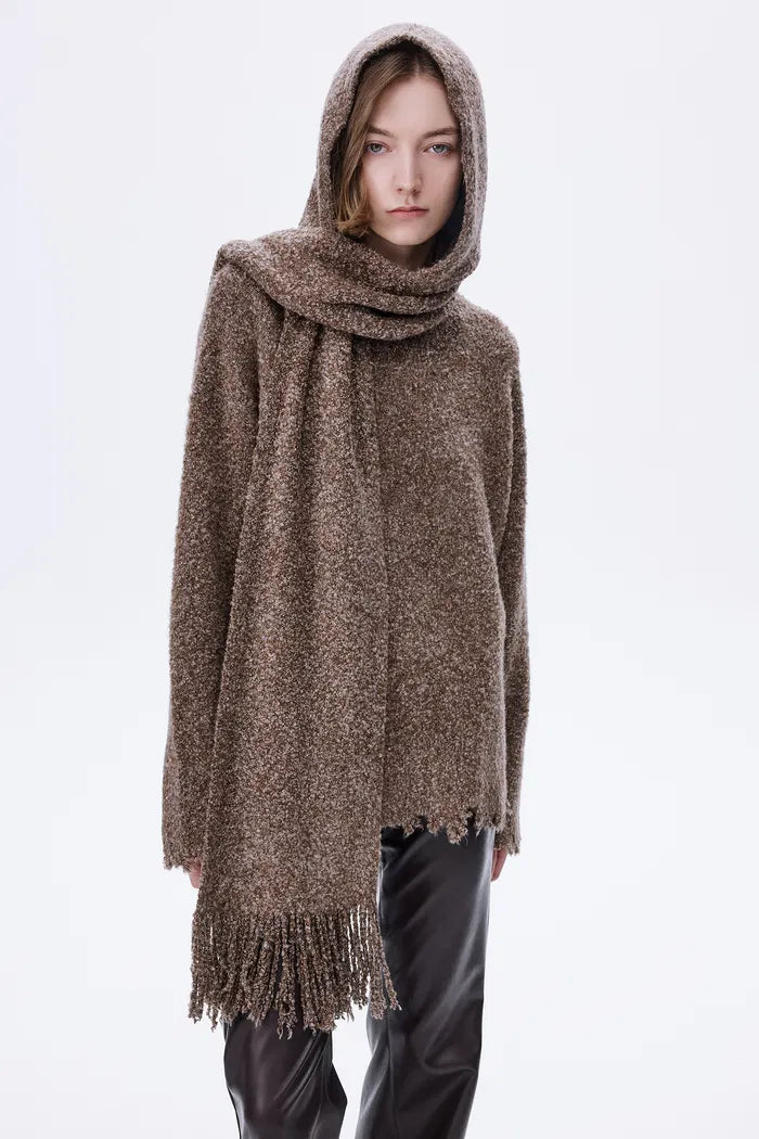 Virginia Handcrafted Sweater with Detachable Scarf in Bouclé Blend