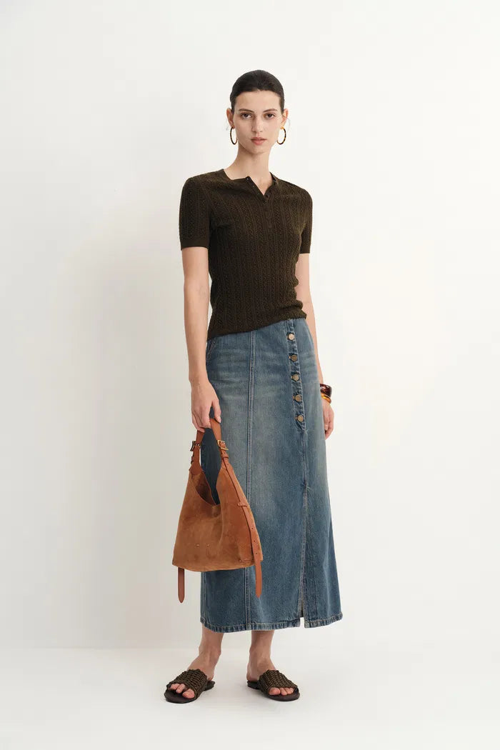 Mariette Asymmetrical Placket Maxi Skirt in Cotton Denim