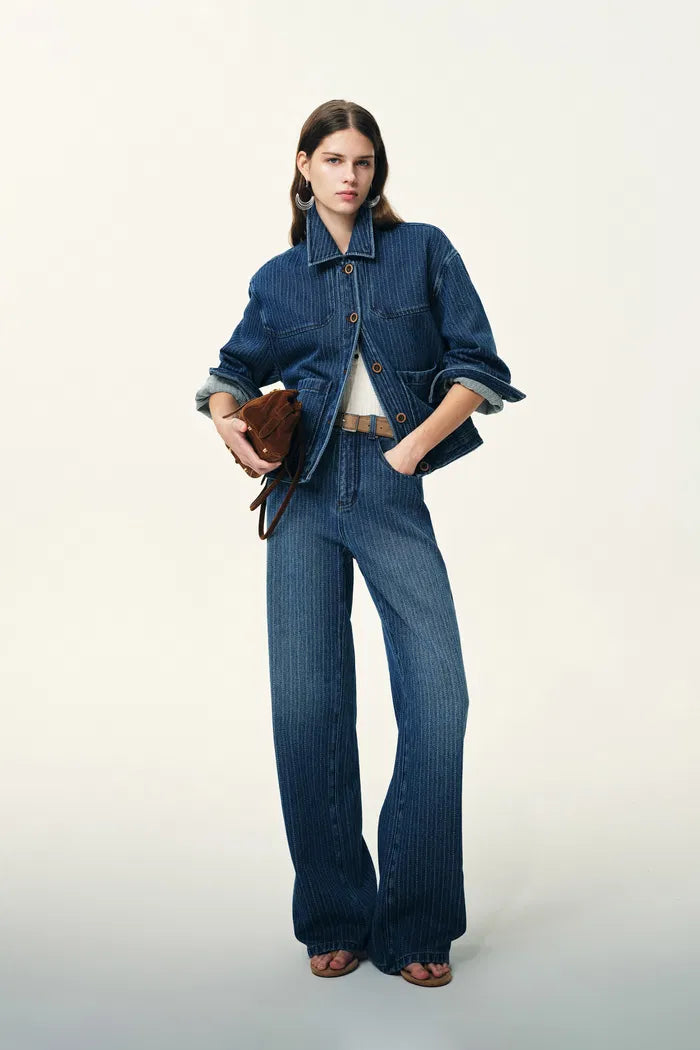 Colette Striped Washed Blue Patch Pocket Jacket in Herringbone Denim