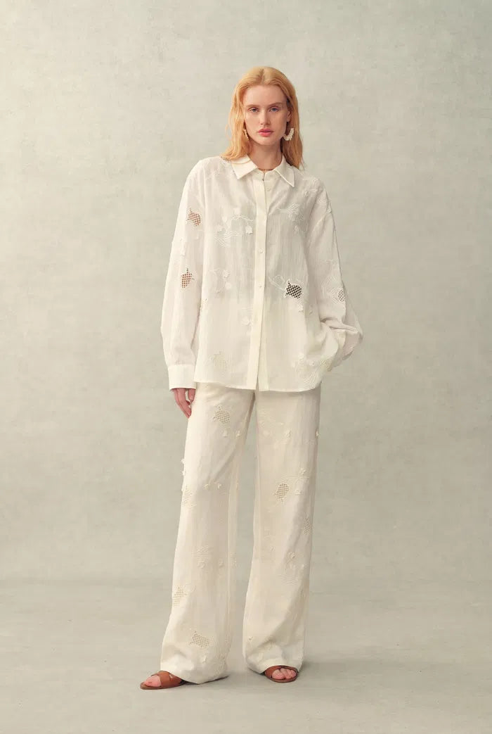 Leona Lily of the Valley Mesh Embroidery Shirt and Pants Matching Set in Linen