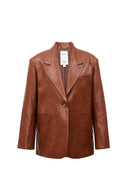 Earth tone eco wax leather blazer with notch lapels, single button, and welt pockets, front view isolated on white background