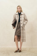 Fleur Textured Plaid Belted Long Coat in Wool Blend