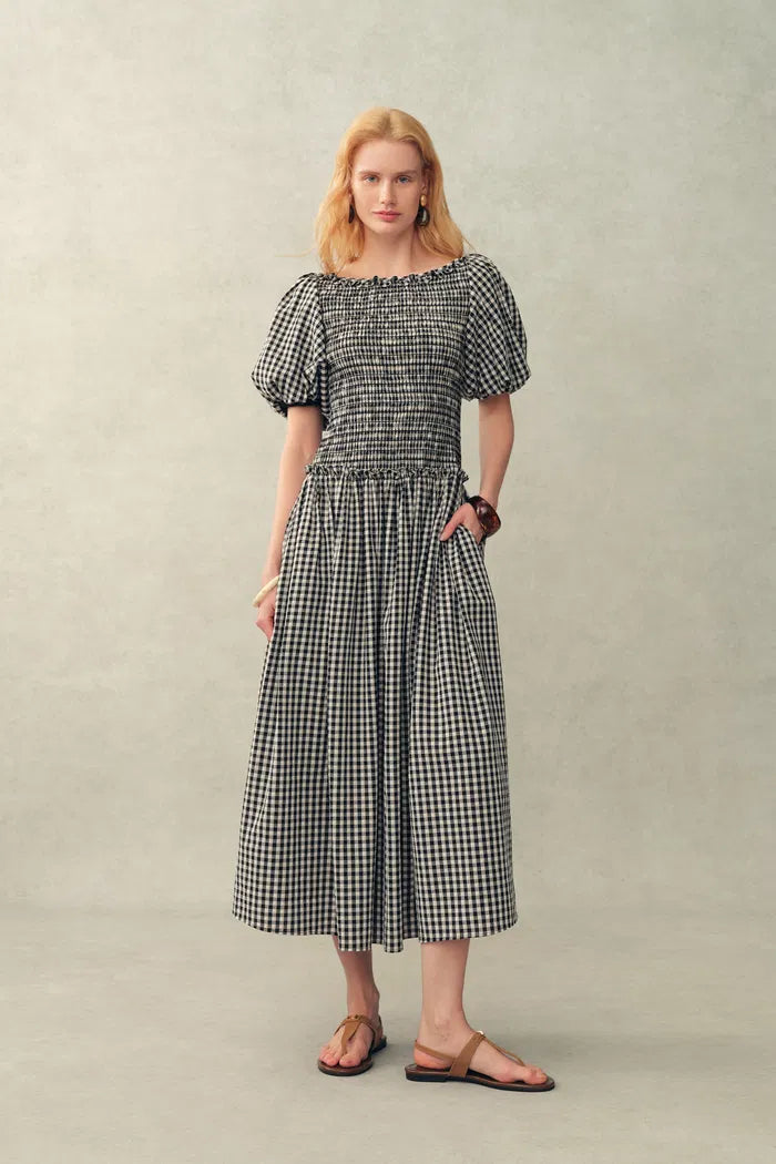 Vivinea Gingham Smocked Puff-Sleeve Dress in Cotton