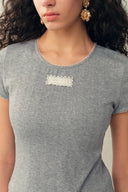 Eva Scalloped Lace Trim Fitted Sleeve T-shirt in Hollow Knitting