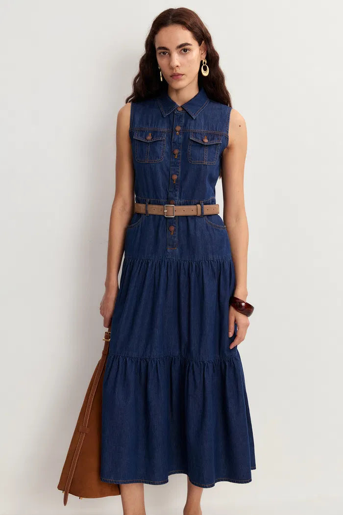 Mila Pocketed Tiered Dress in Cotton Denim