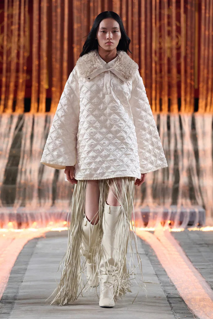 Jasmine Fur Collar Quilted Cape Coat in Silk Satin