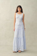 Lone Striped Embroidered Sleeveless Lace Trim Cami Top and Skirt Set in Crinkled Cotton
