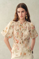 Top transparente de encaje con estampado floral Floris en mezcla de seda y lino