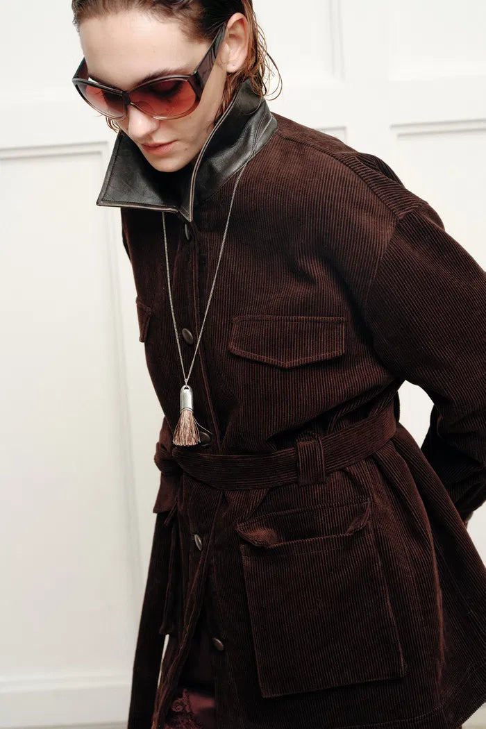 Serena Faux Leather Lapel Jacket in Cotton Corduroy