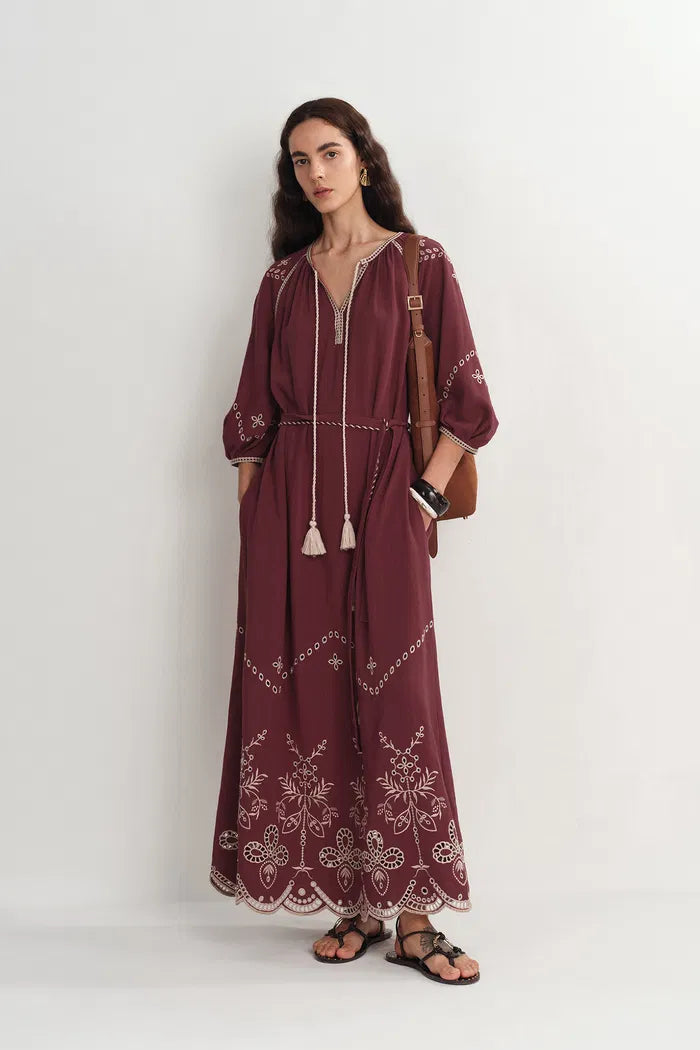Antonia European Inspired Openwork Embroidery Maxi Dress in Linen Viscose Blend