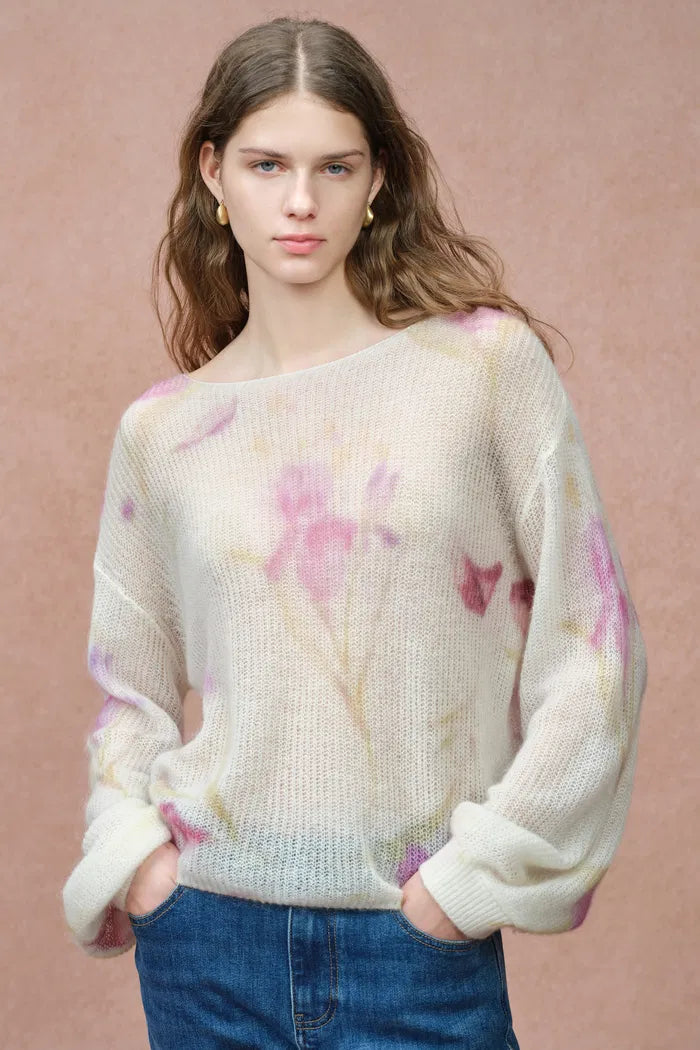 Lilia Hand Painted Iris and Lily Print Knit Sweater in Merino-Mohair Blend