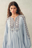 Bohdi Boho Embroidery Crewneck Puff Sleeve Dress in Cotton Crinkle Gauze
